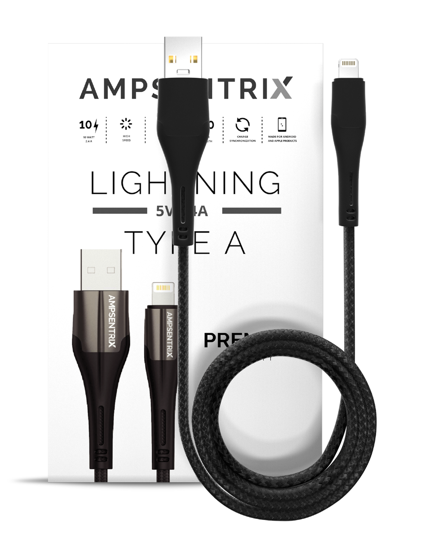 CABLE LIGHTNING A USB 1M (AMPSENTRIX) (MATRIZ) (NEGRO)